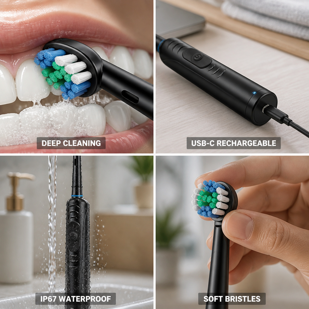 IP67 Waterproof & USB-C Rechargeable Soft Bristle Electric Toothbrush (3 Modes)
