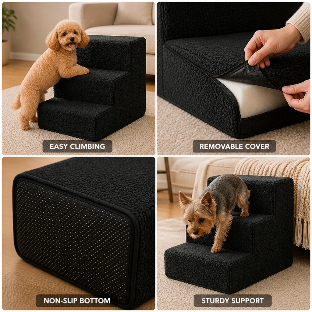 Removable Plush & Non-Slip Foam Pet Steps (3-Step)