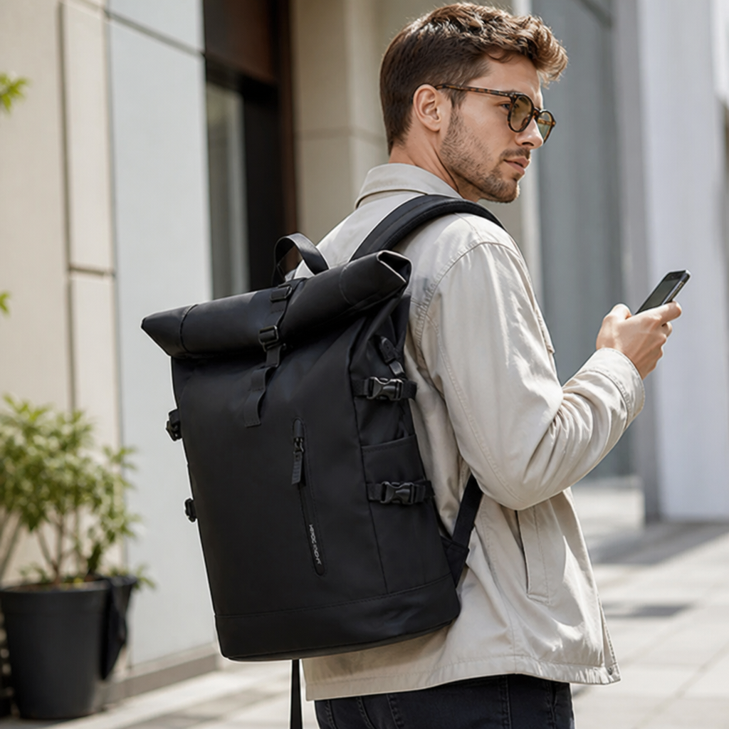 Water-Repellent Roll-Top Convertible Pannier Backpack (18–25L)