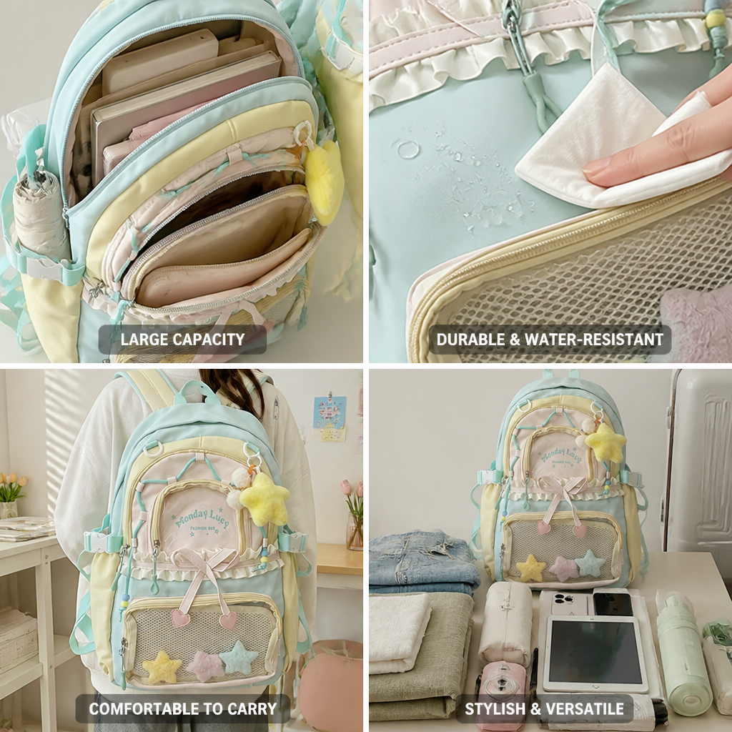 Large Capacity Colorblock Star Women's Backpack (Mint Green)