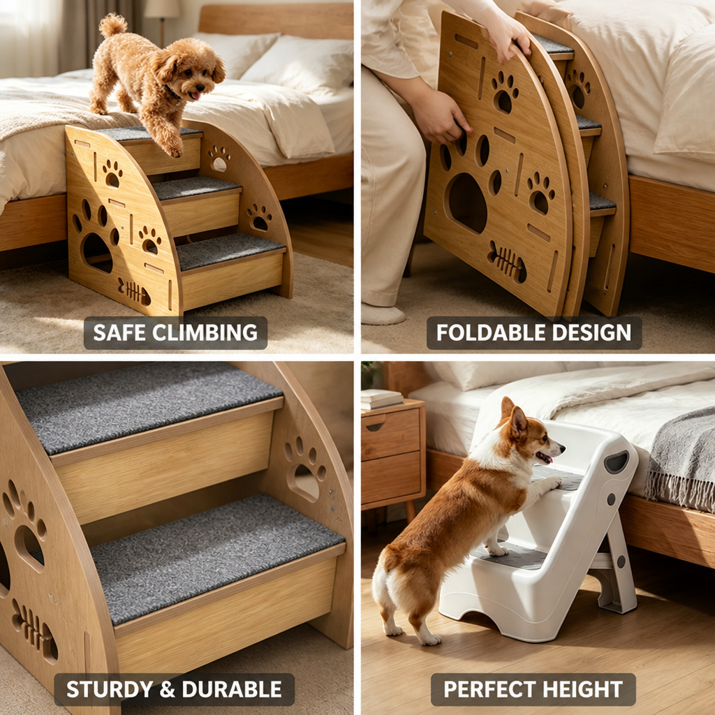 Foldable Space-Saving Wooden Pet Stairs (For Small Dogs & Cats)