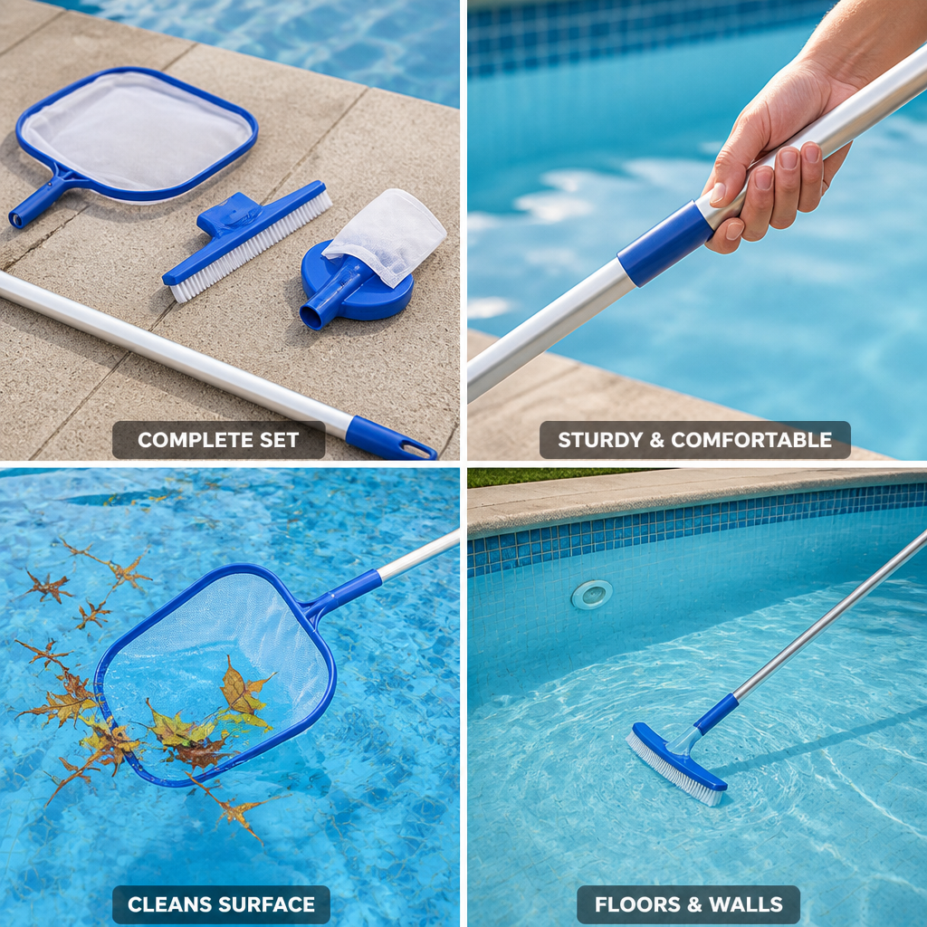 Complete Aluminum Interchangeable-Head Pool Cleaning Set