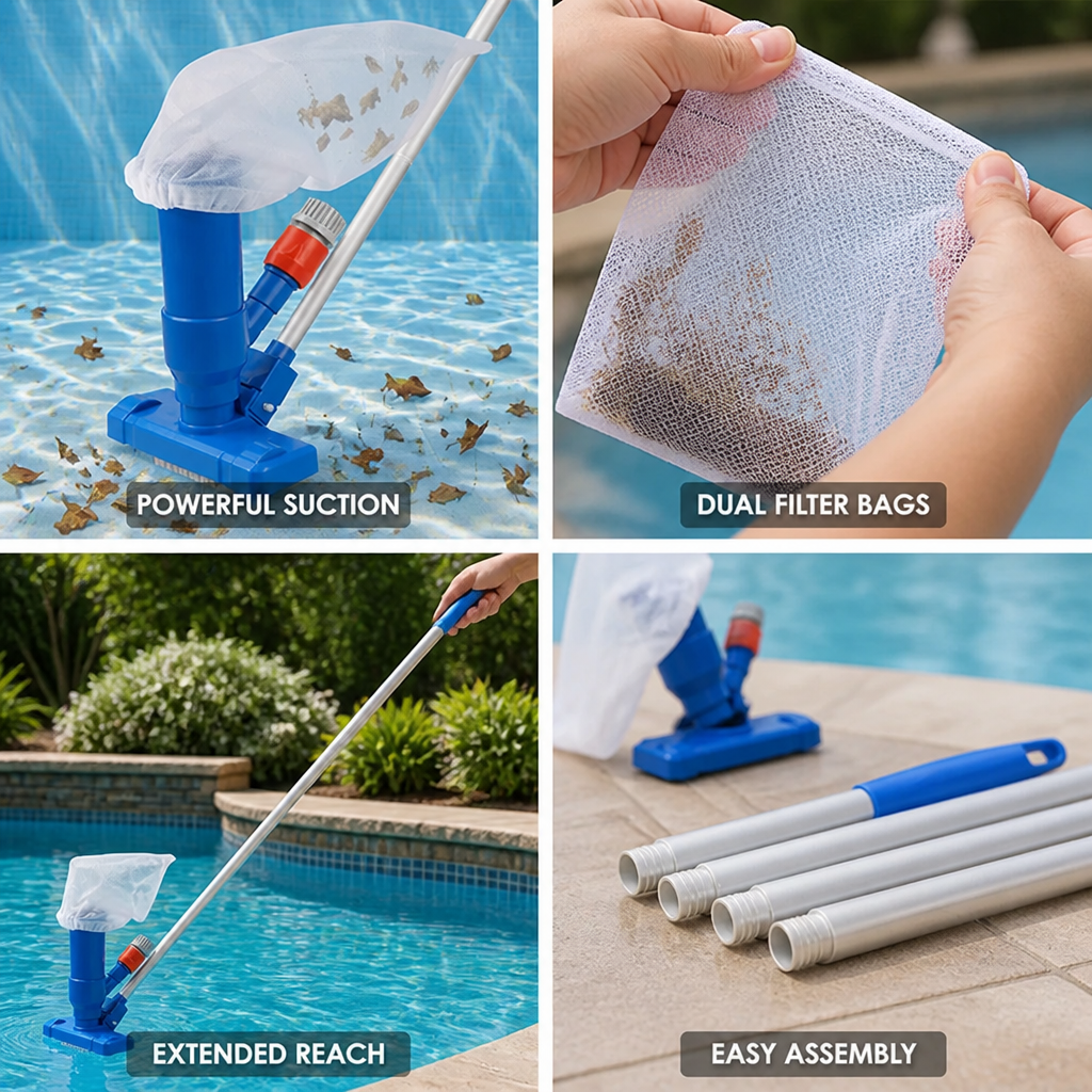 Hose-Powered Dual-Mesh Pool Vacuum Kit (5-Section Pole)