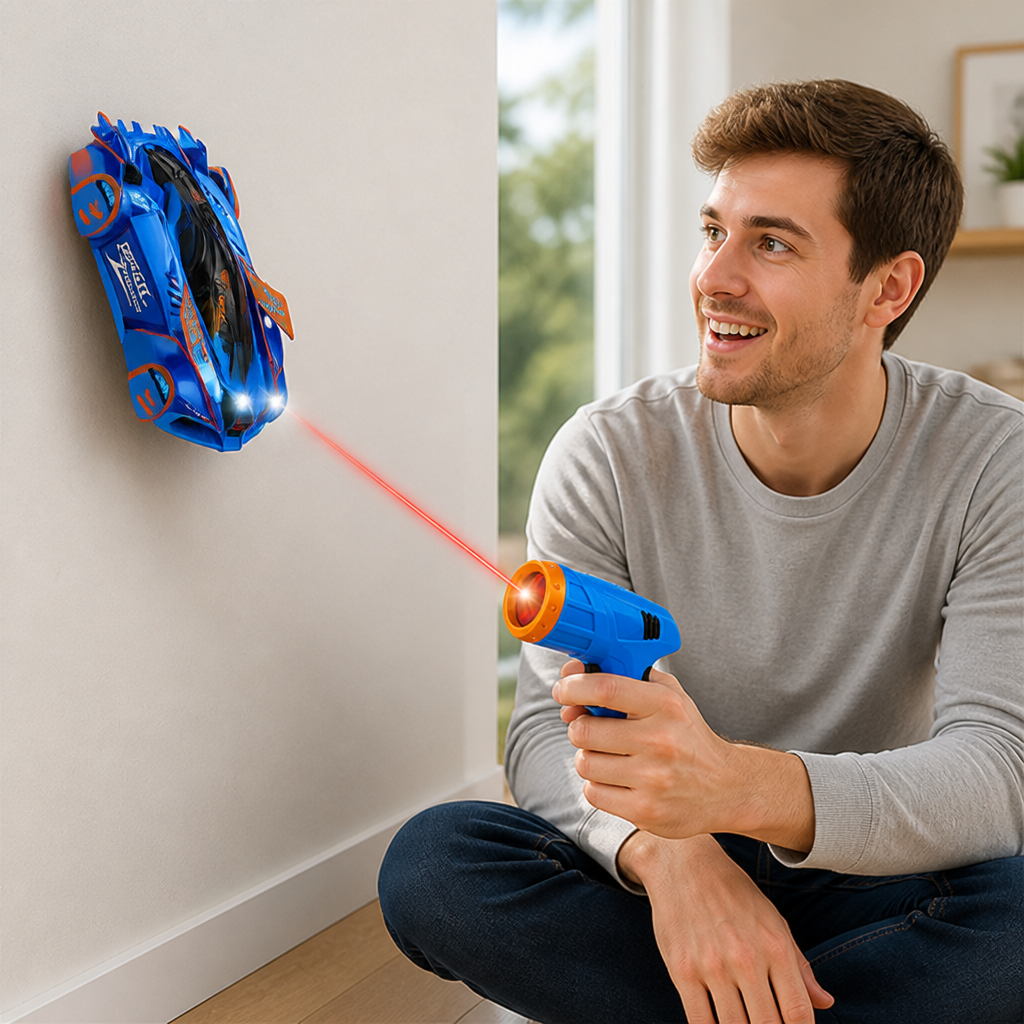 Laser-Controlled Wall-Climbing RC Car (USB-Rechargeable & LED Headlights)