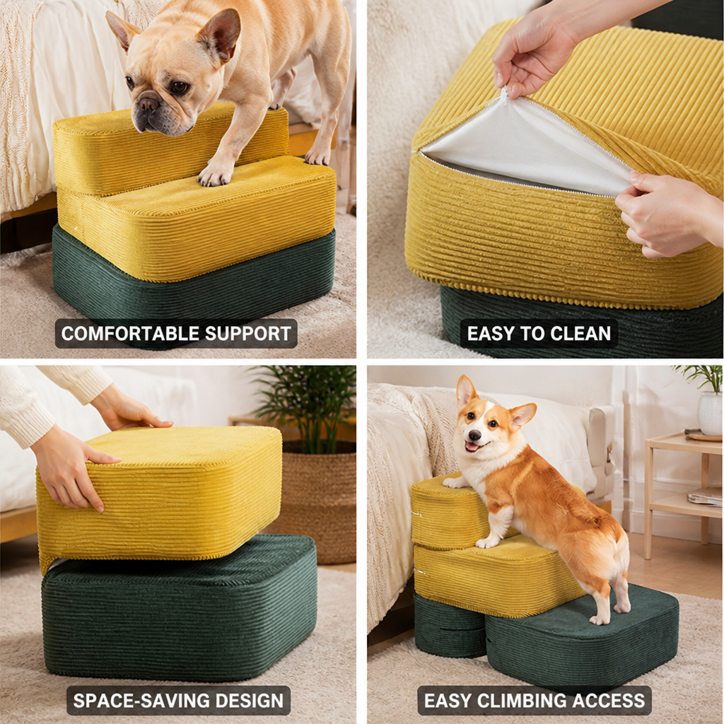 Memory Foam Folding Pet Stairs (Removable Washable Cover)