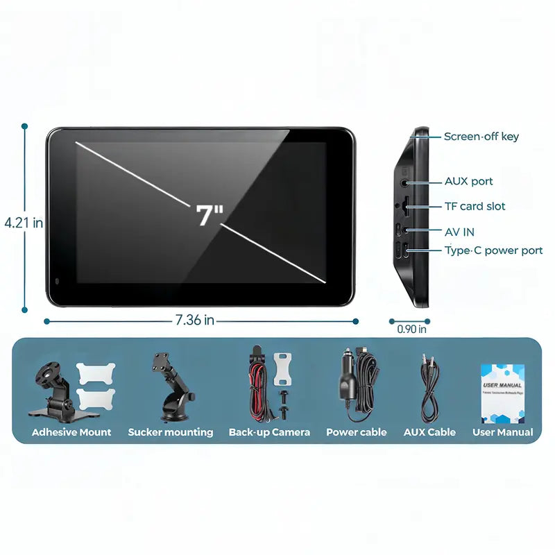 Wireless 7-Inch Car Display with Backup Camera and Voice Guidance