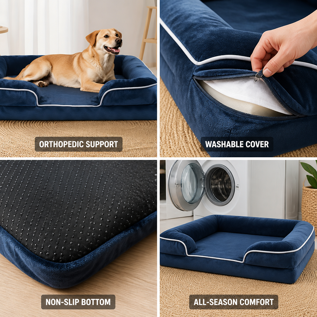 Orthopedic Foam & Washable Cover Dog Bed (Non-Slip Bottom)