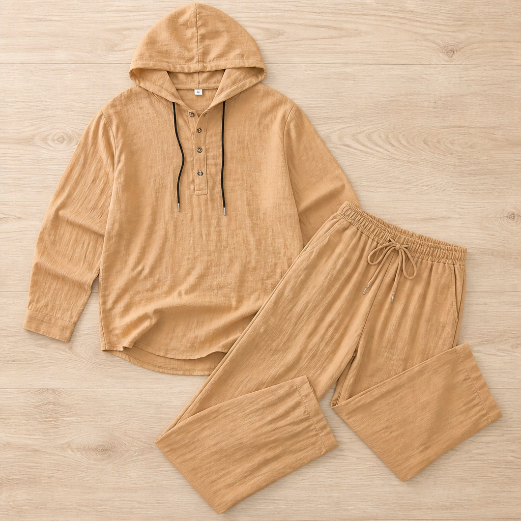 VeloShift™ – Relaxed Linen-Blend Hooded Set with Button Henley Top