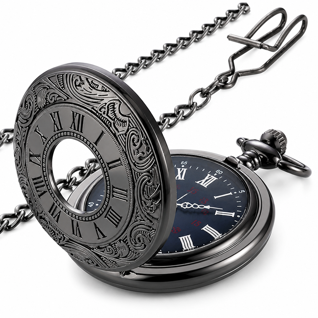 Vintage Roman Numerals & Quartz Pocket Watch (Chain Included)
