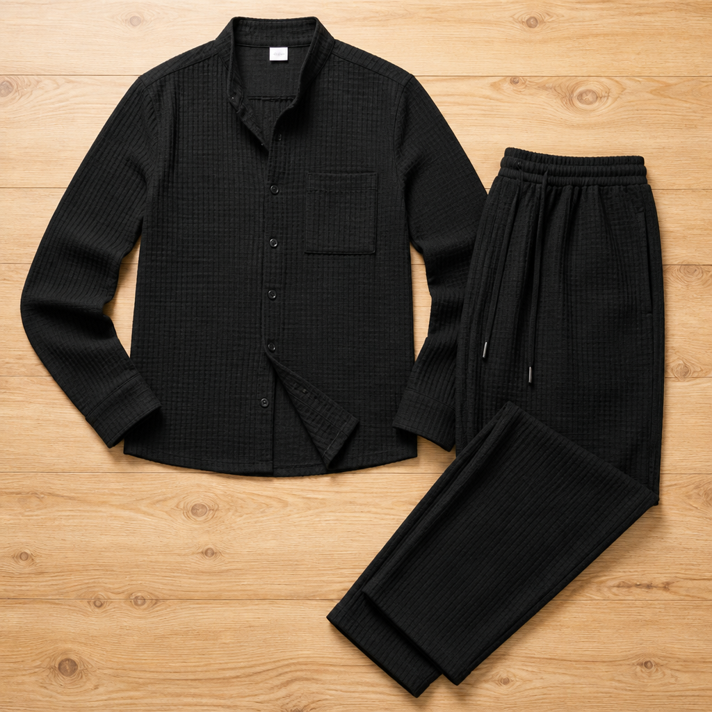 Stridonity™ – Relaxed Waffle-Texture Band-Collar Shirt & Pants Set