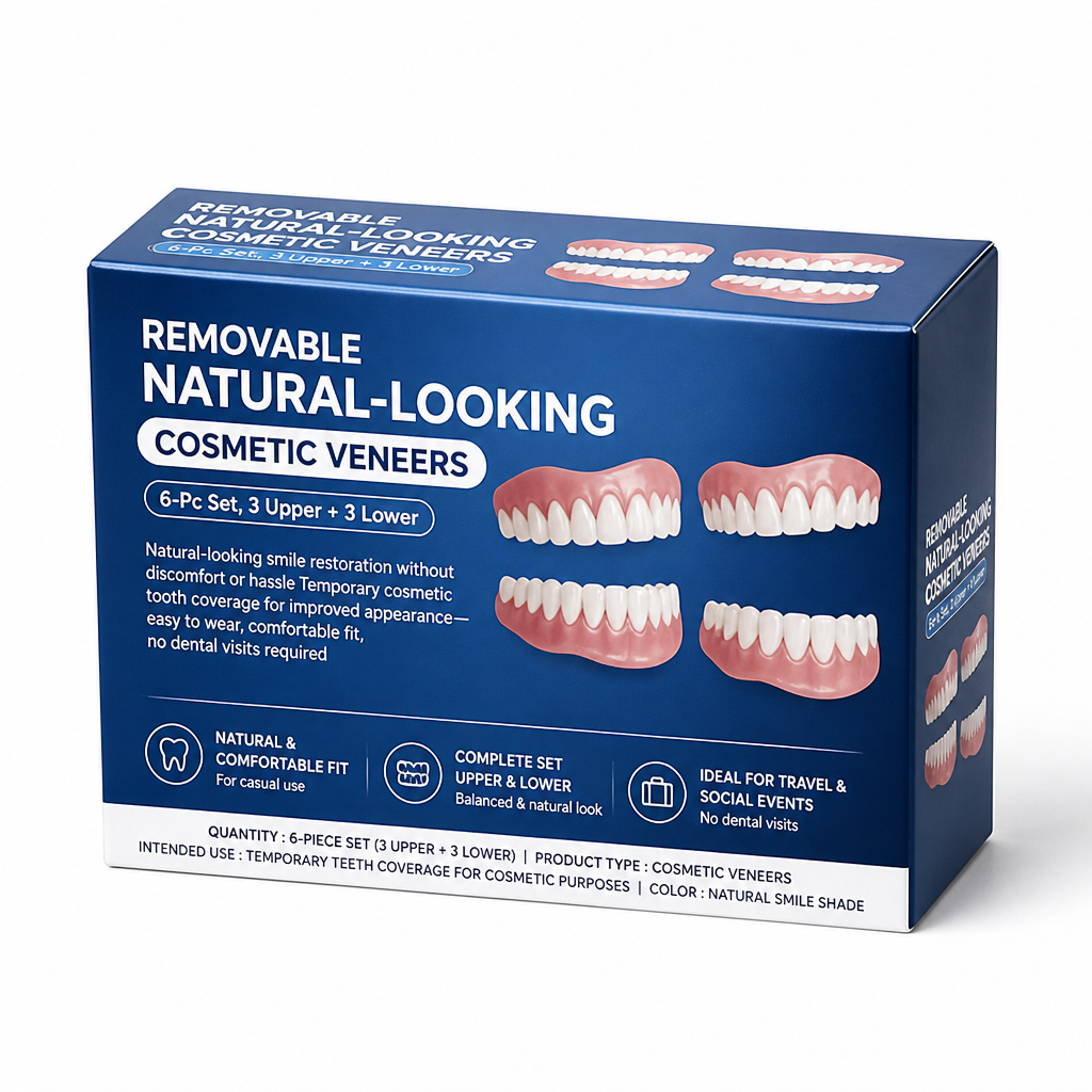 Removable Natural-Looking Cosmetic Veneers (6-Pc Set, 3 Upper + 3 Lower)