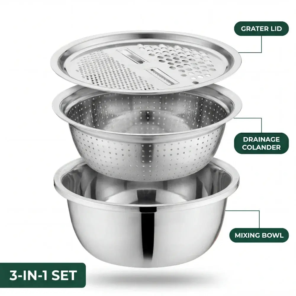 3-Piece Mixing Bowl Set with Integrated Strainer and Drainage System – Space-Saving and Stackable
