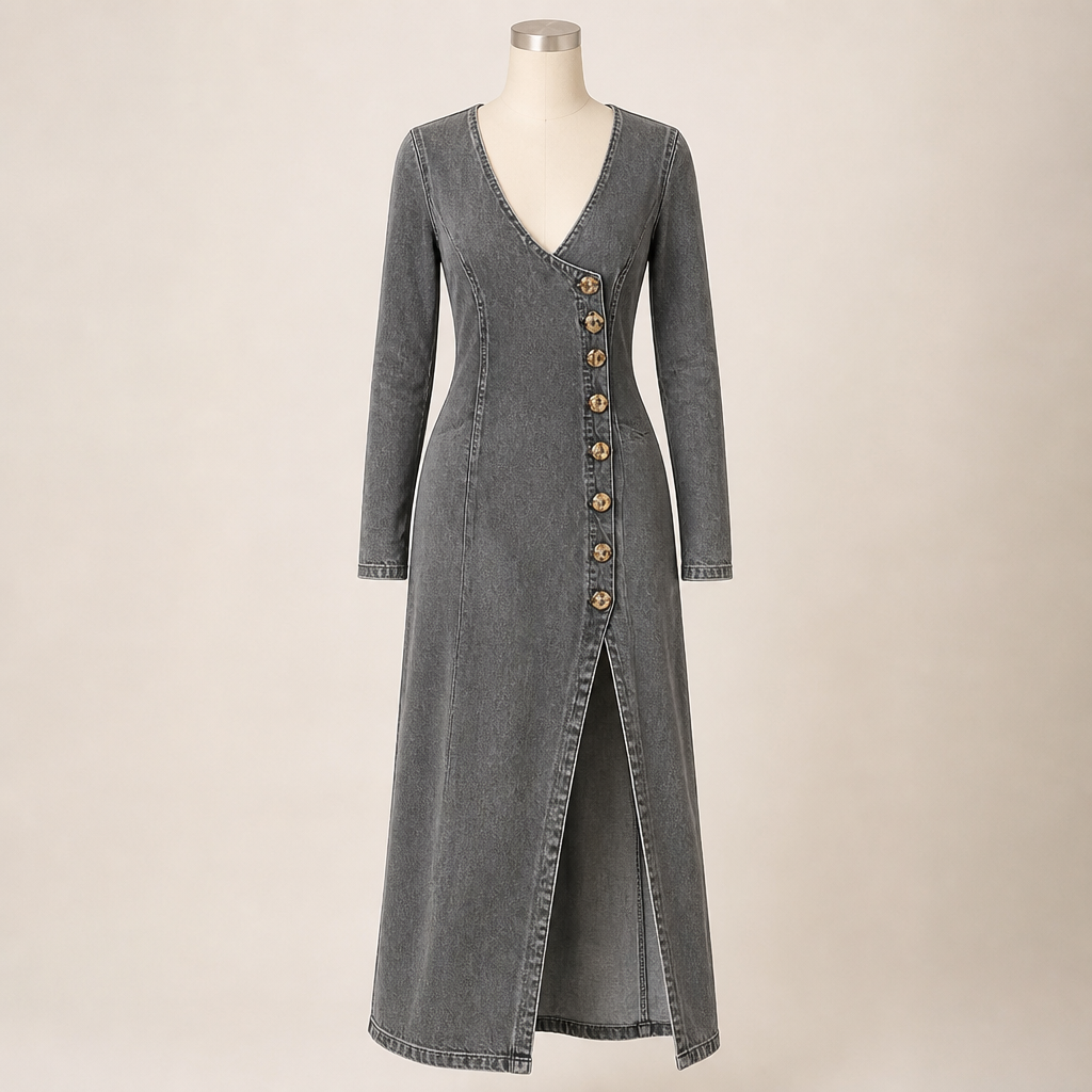 LuxeaSilk™ – Soft Denim Maxi Dress with V-Neck and Buttoned Side Slit
