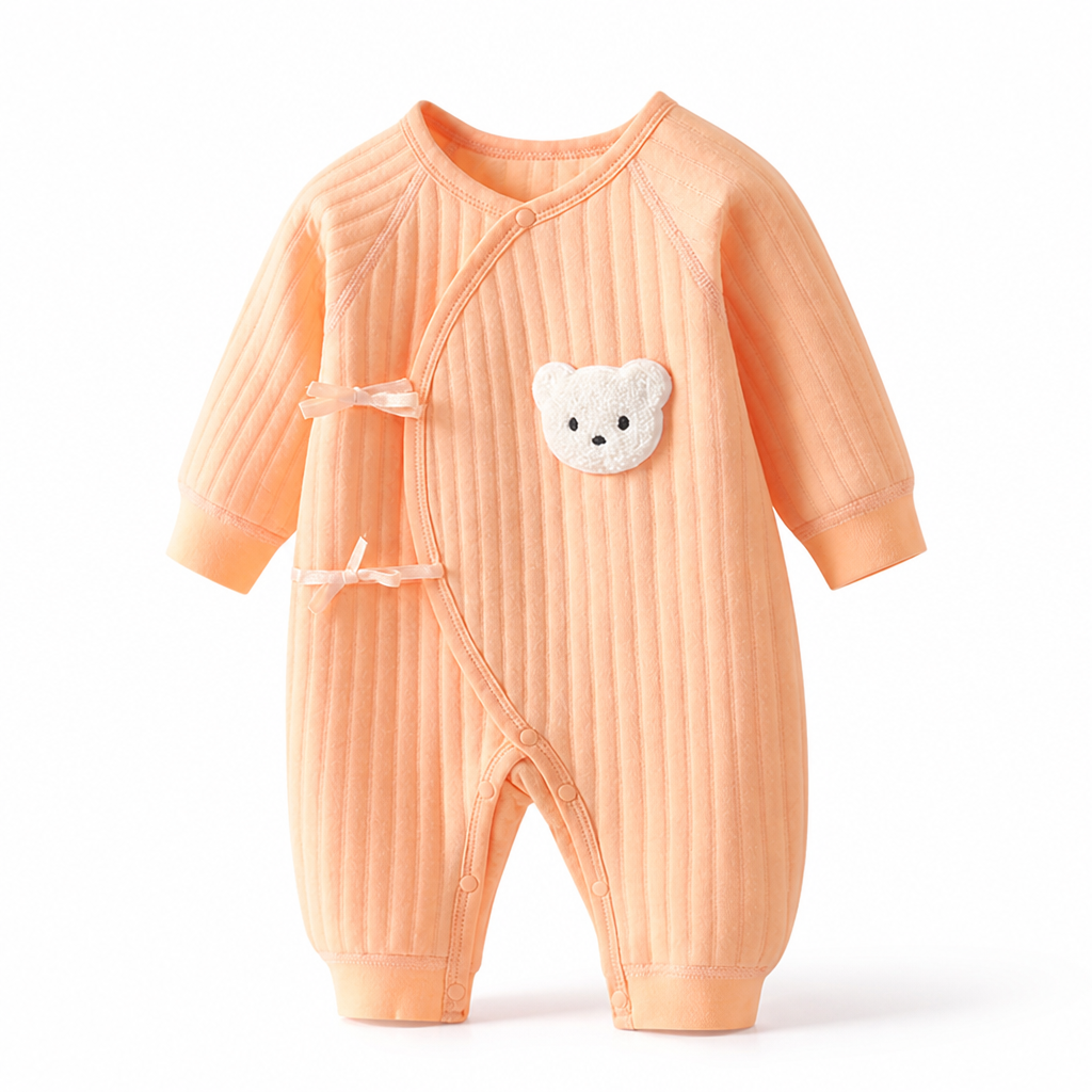 Soft 100% Cotton Press-Stud Baby Romper (Bear Applique)
