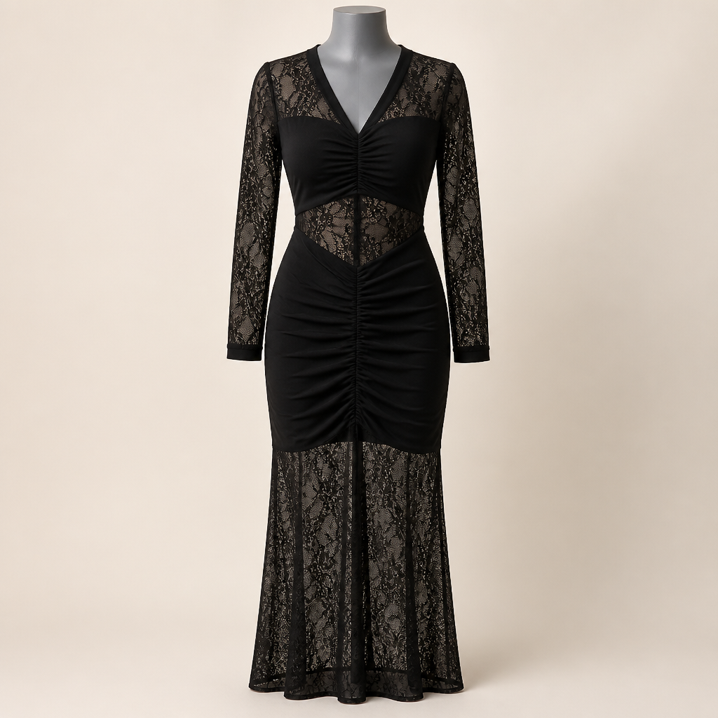 Ravissa™ – V-Neck Lace Maxi Dress with Sculpted Shape and Ruched Waist