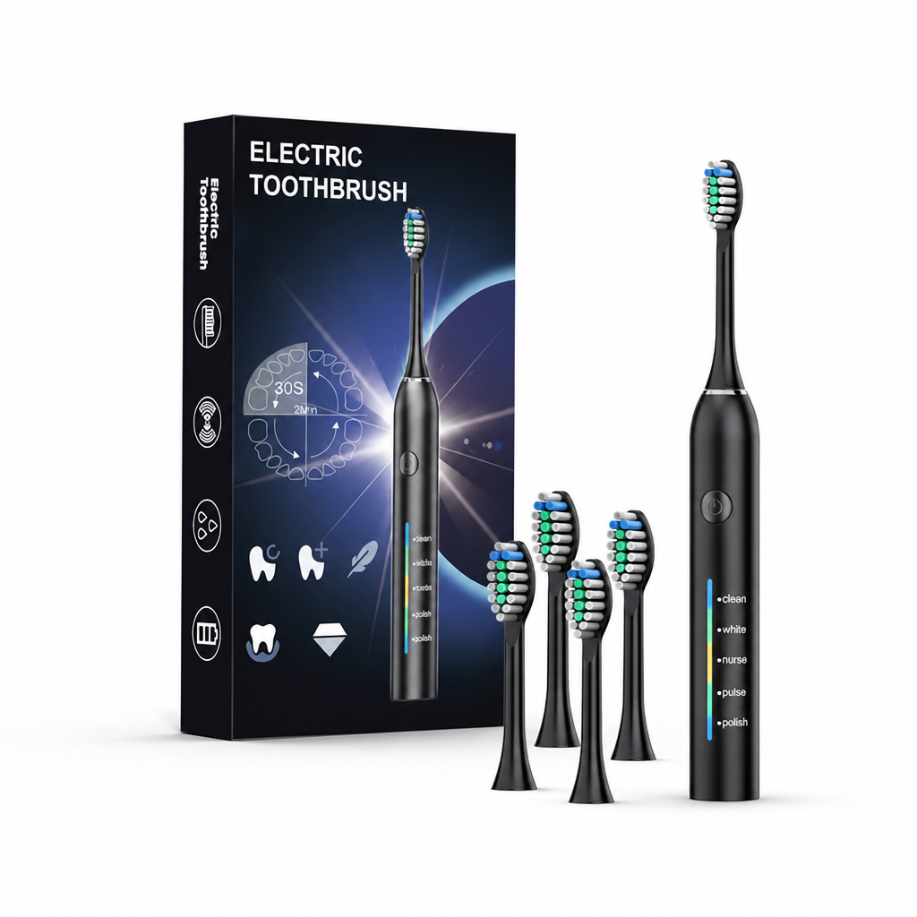 USB Rechargeable IPX7 Waterproof Electric Toothbrush (5 Modes)
