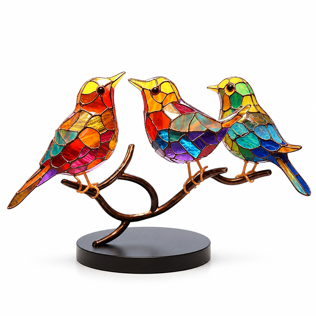 Handmade Colored Glass Bird Figurines (Set of 3 With Display Stand)