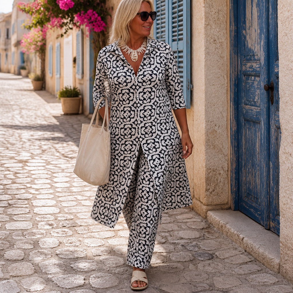 VireoLuxe™ – Sharp Geometric Tunic with Straight-Leg Trouser Set