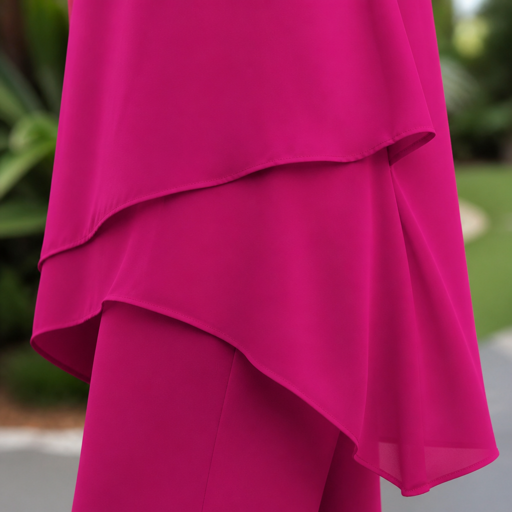 SerenLuxe™ – Sophisticated Chiffon Two-Piece Set Featuring Asymmetric Layered Top