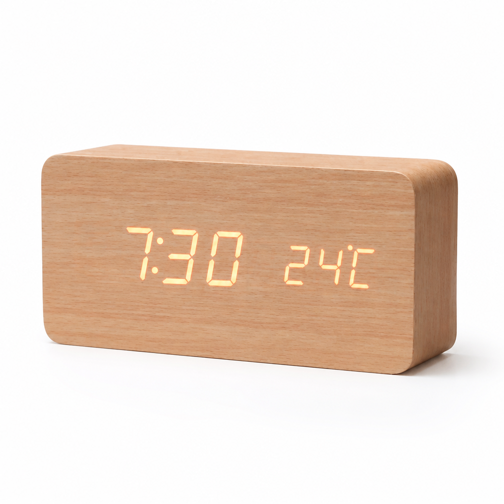 Voice-Activated Wooden LED Table Clock