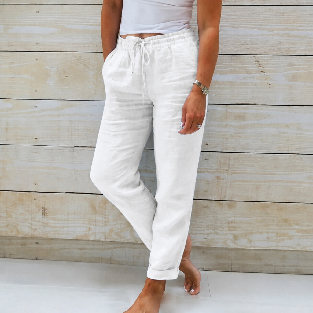 Flexiva™ – Comfortable Cotton-Linen Tapered Pants with Adjustable Drawstring Waist