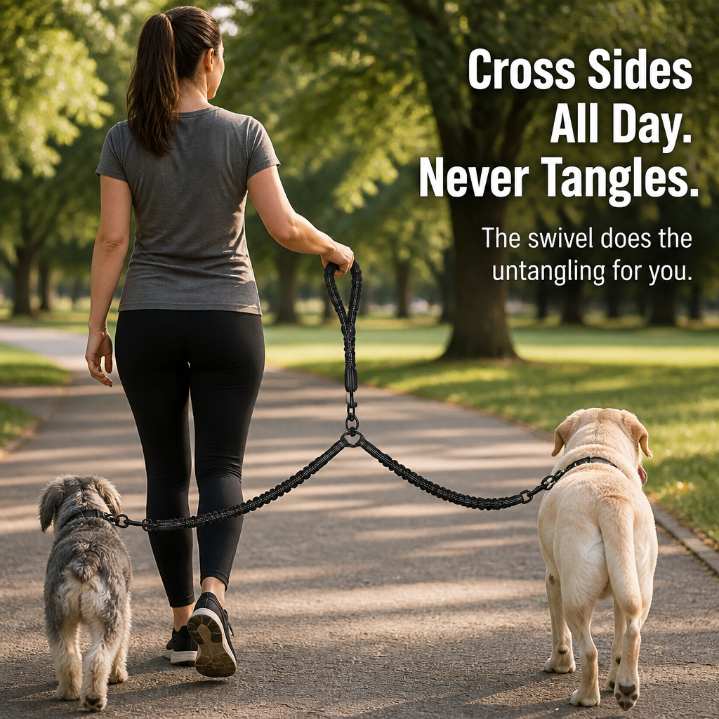 DuoStride™ — Walk Two Dogs Tangle-Free, Without Jerks or Wrist Stress