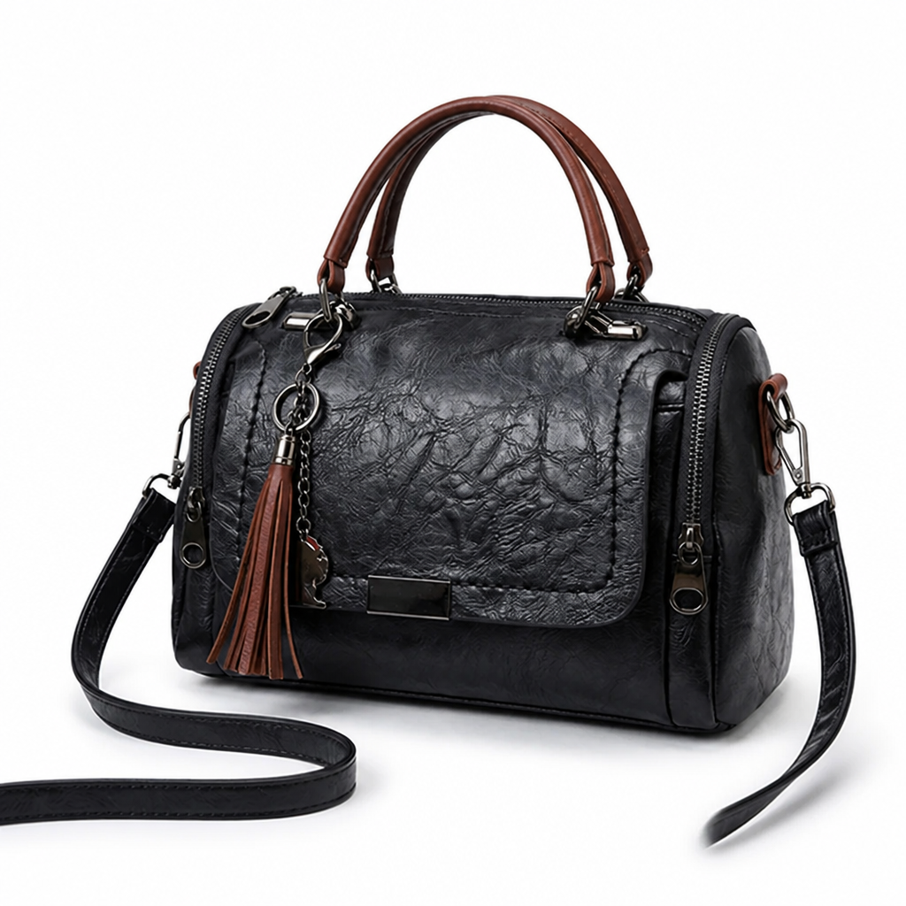 Tassel-Trim Faux Leather Convertible Shoulder Bag