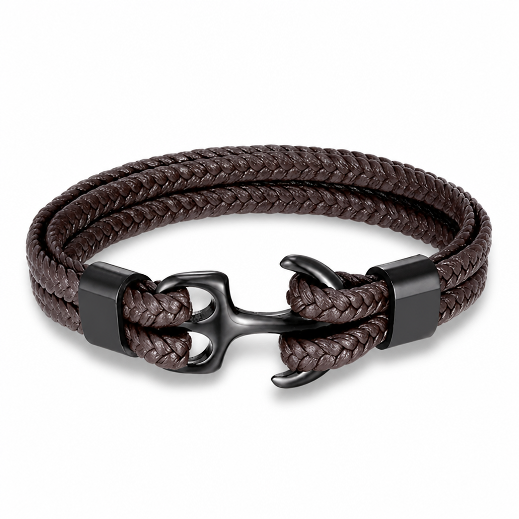 Stainless Steel Anchor Leather Bracelet (Adjustable)