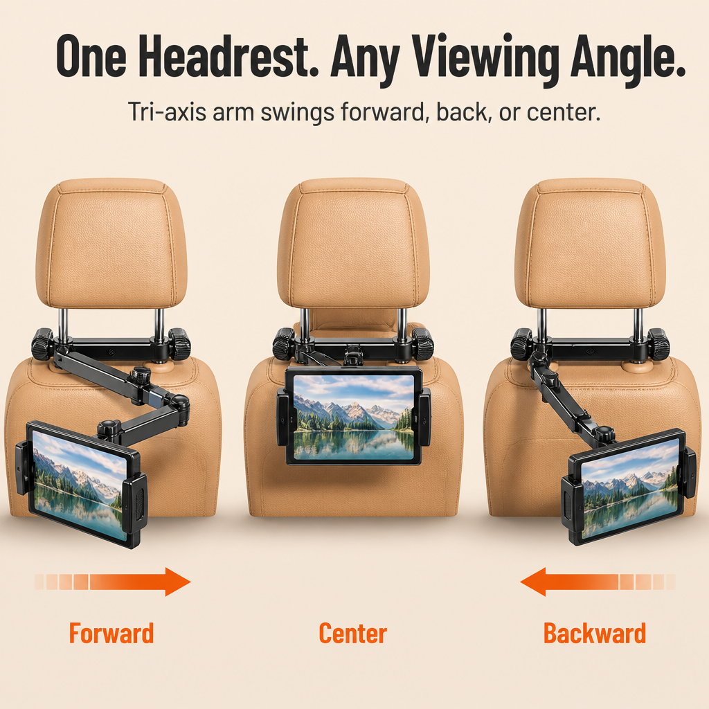 RoadEase™ — Position Your Tablet Perfectly Centered Between Headrests for Comfortable Backseat Viewing