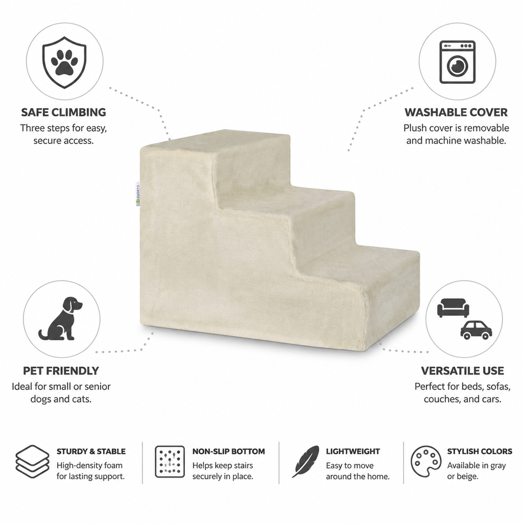 Washable Plush 3-Step Pet Stairs (For Small Dogs & Cats)