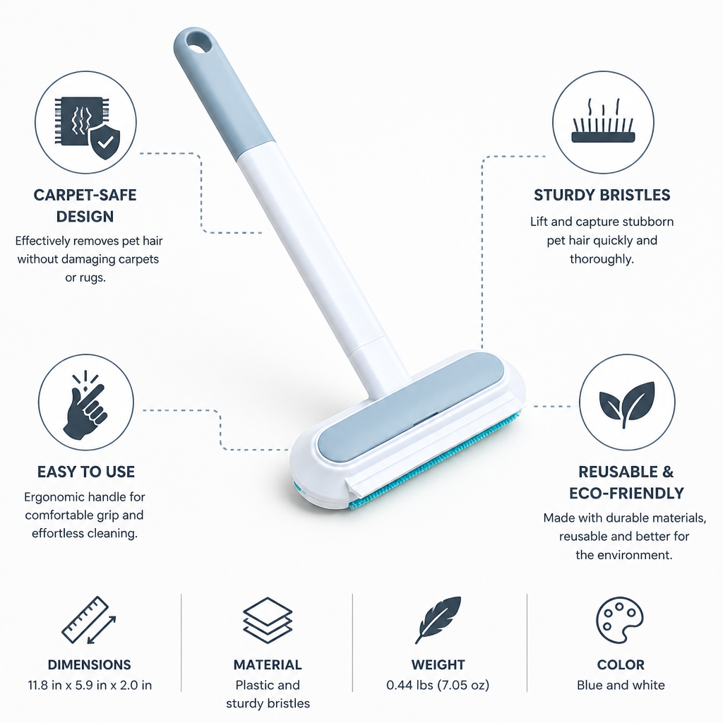 3-in-1 Reusable Sturdy-Bristle Pet Hair Remover (For Carpets & Rugs)
