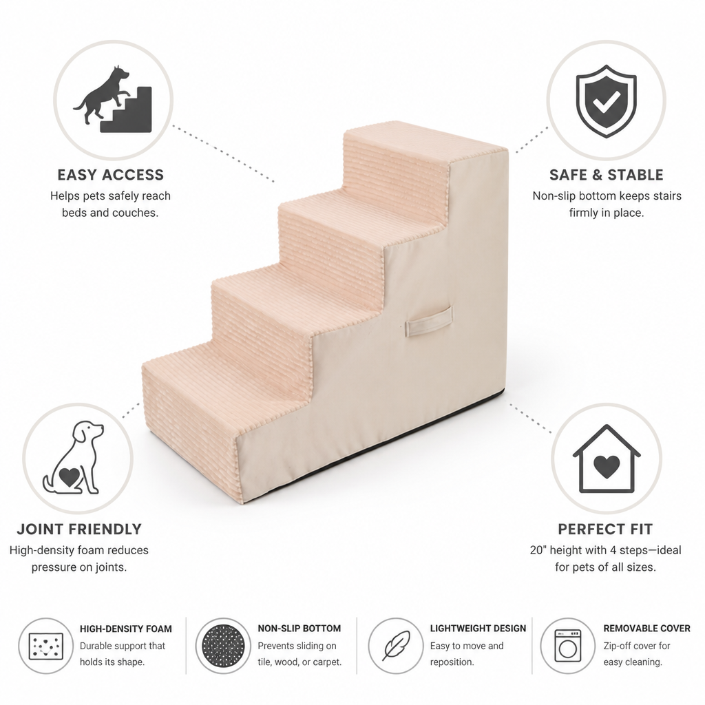 High-Density Foam & Non-Slip Dog Stairs (4-Step)