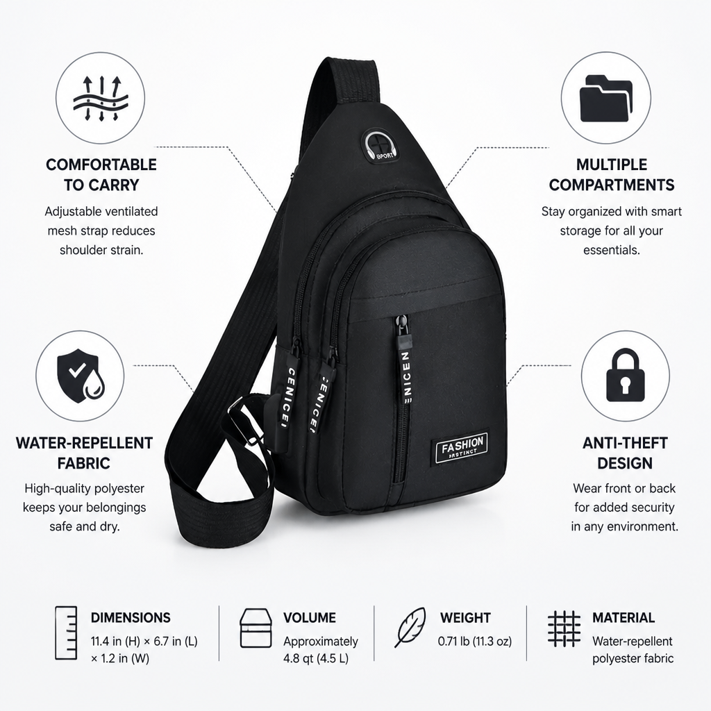 Water-Repellent Anti-Theft Multi-Pocket Chest Bag (With USB Port)