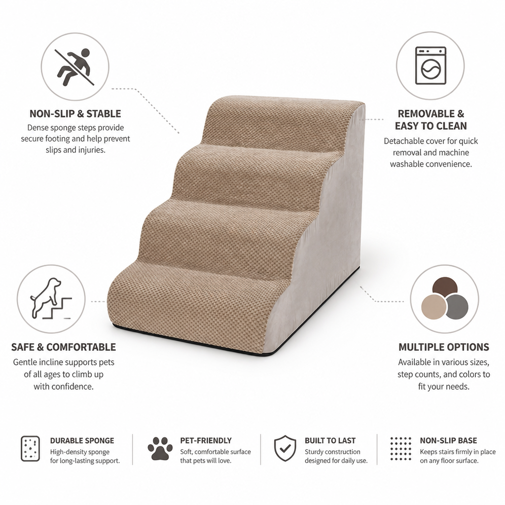 Non-Slip Cushioned Pet Stairs (Removable Washable Cover)
