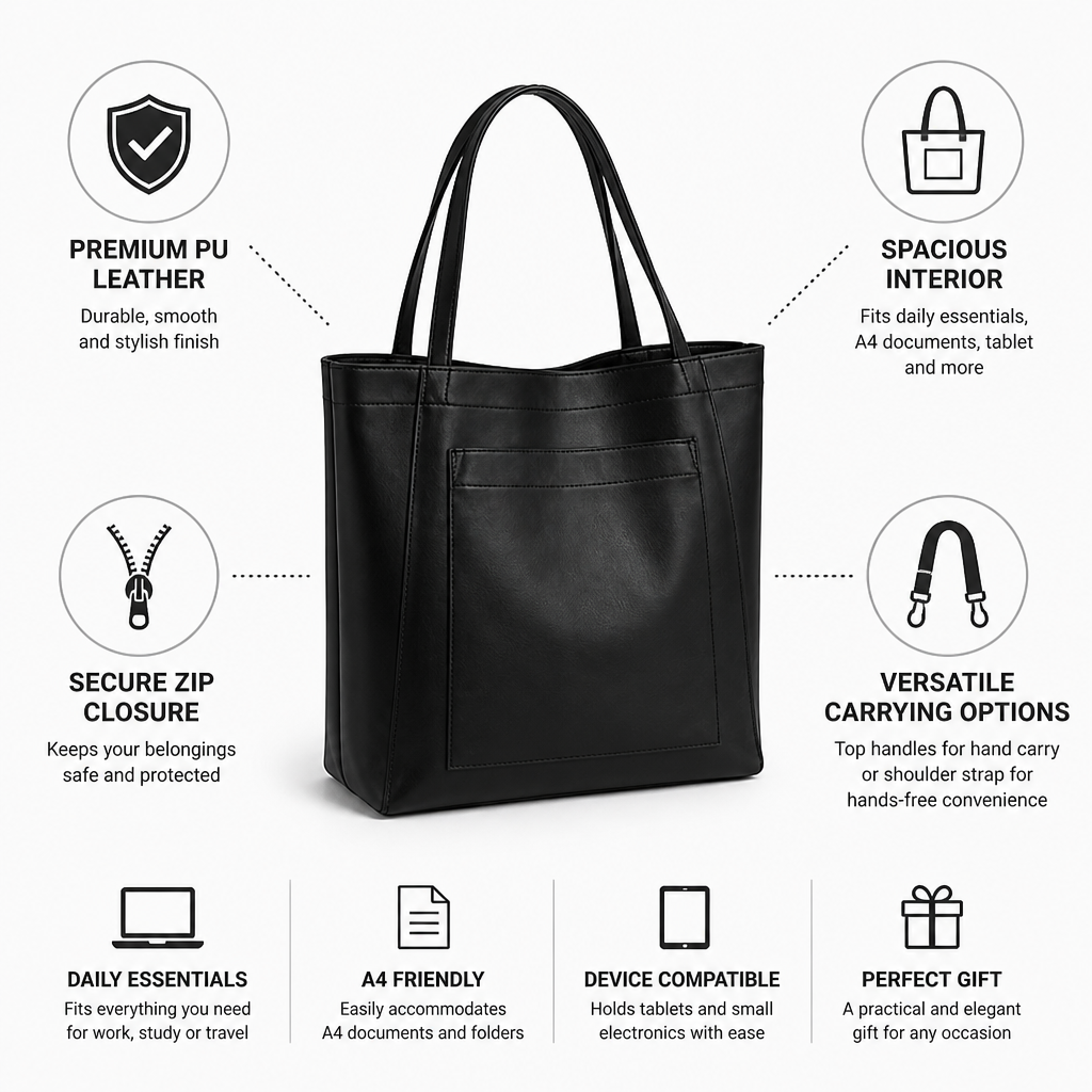 Premium PU Leather Convertible Zip-Top Tote Bag