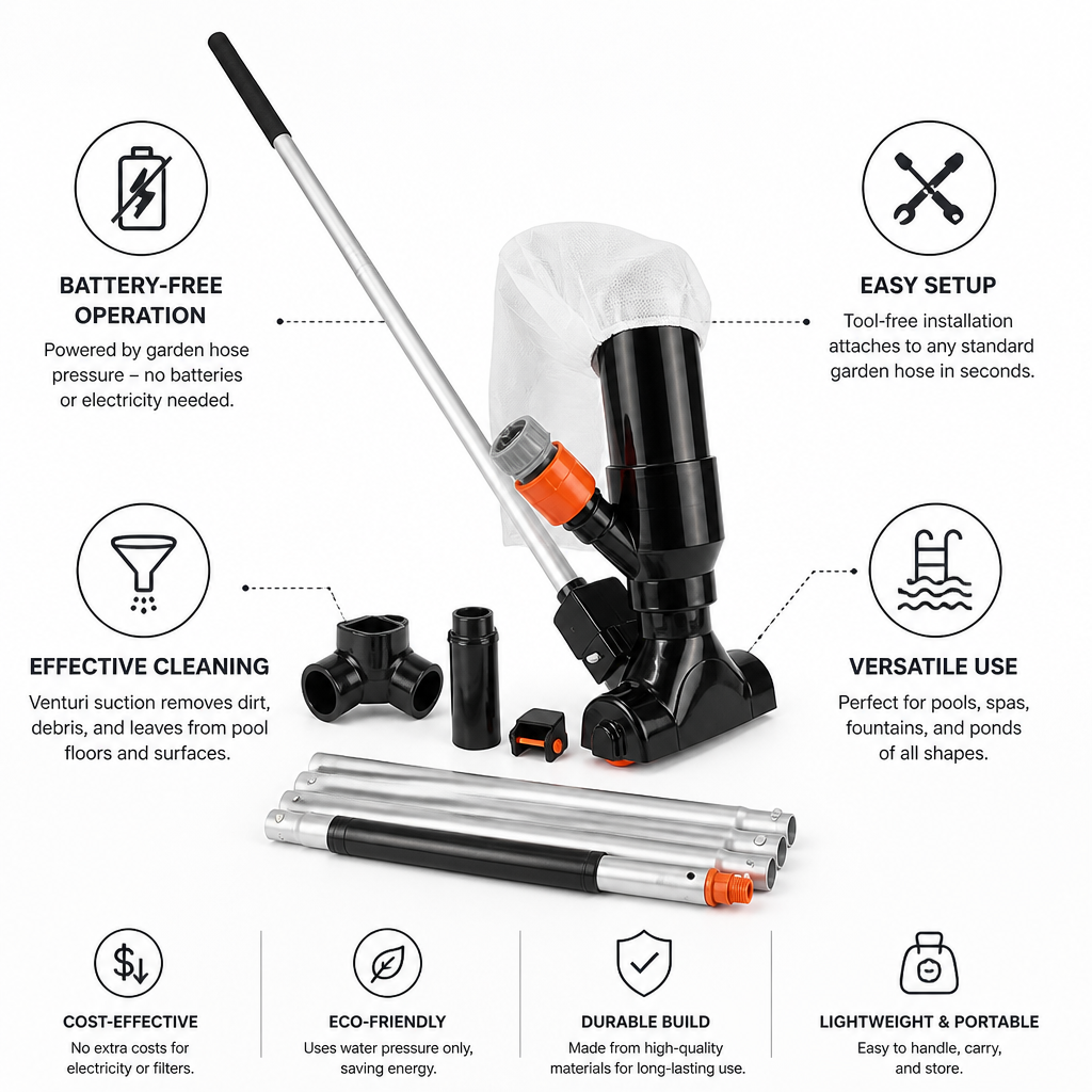 Hose-Powered Battery-Free Pool Vacuum Kit (Pole & Adapter Included)