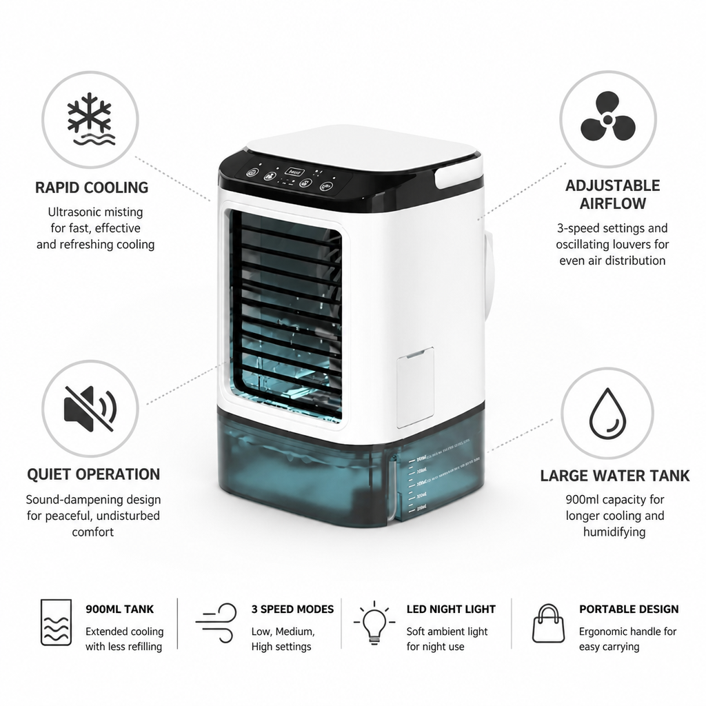 Ultrasonic Humidifying Quiet & Portable Personal Air Cooler (900ml Tank)