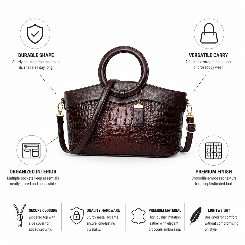 Crocodile-Embossed Structured Top-Handle Bag (Removable Strap)