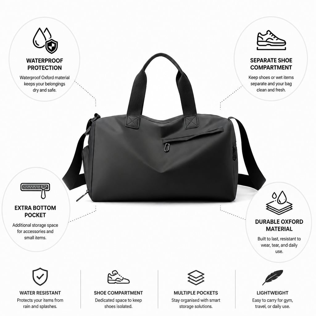 Waterproof Oxford Sports Bag (Shoe Compartment & Bottom Pocket)