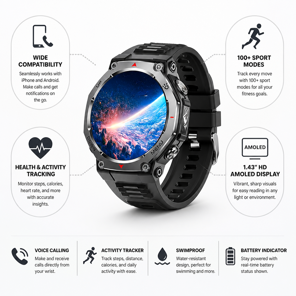 1.43" HD AMOLED Swimproof Smartwatch (100+ Sport Modes)