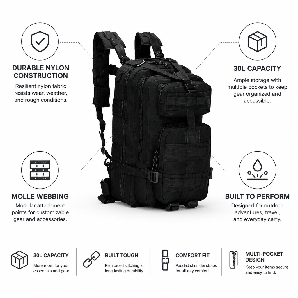 Durable Nylon MOLLE Tactical Backpack (30L)