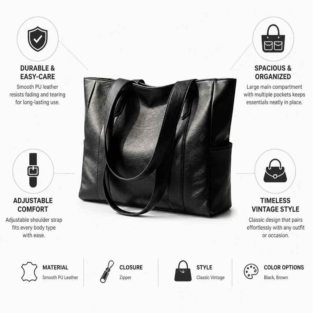 Smooth PU Leather Vintage Shoulder Bag (Spacious, Adjustable Strap)