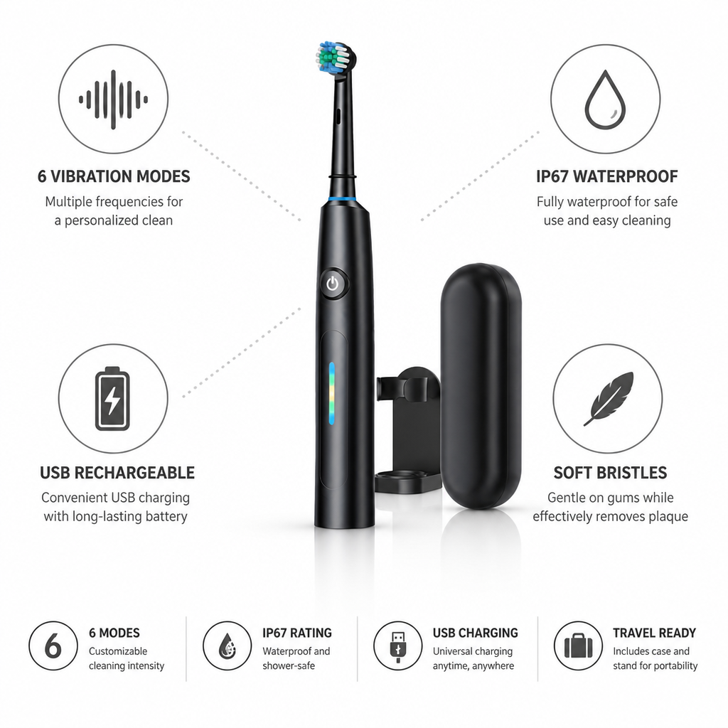 Multi-Mode IP67 Waterproof USB-Rechargeable Electric Toothbrush