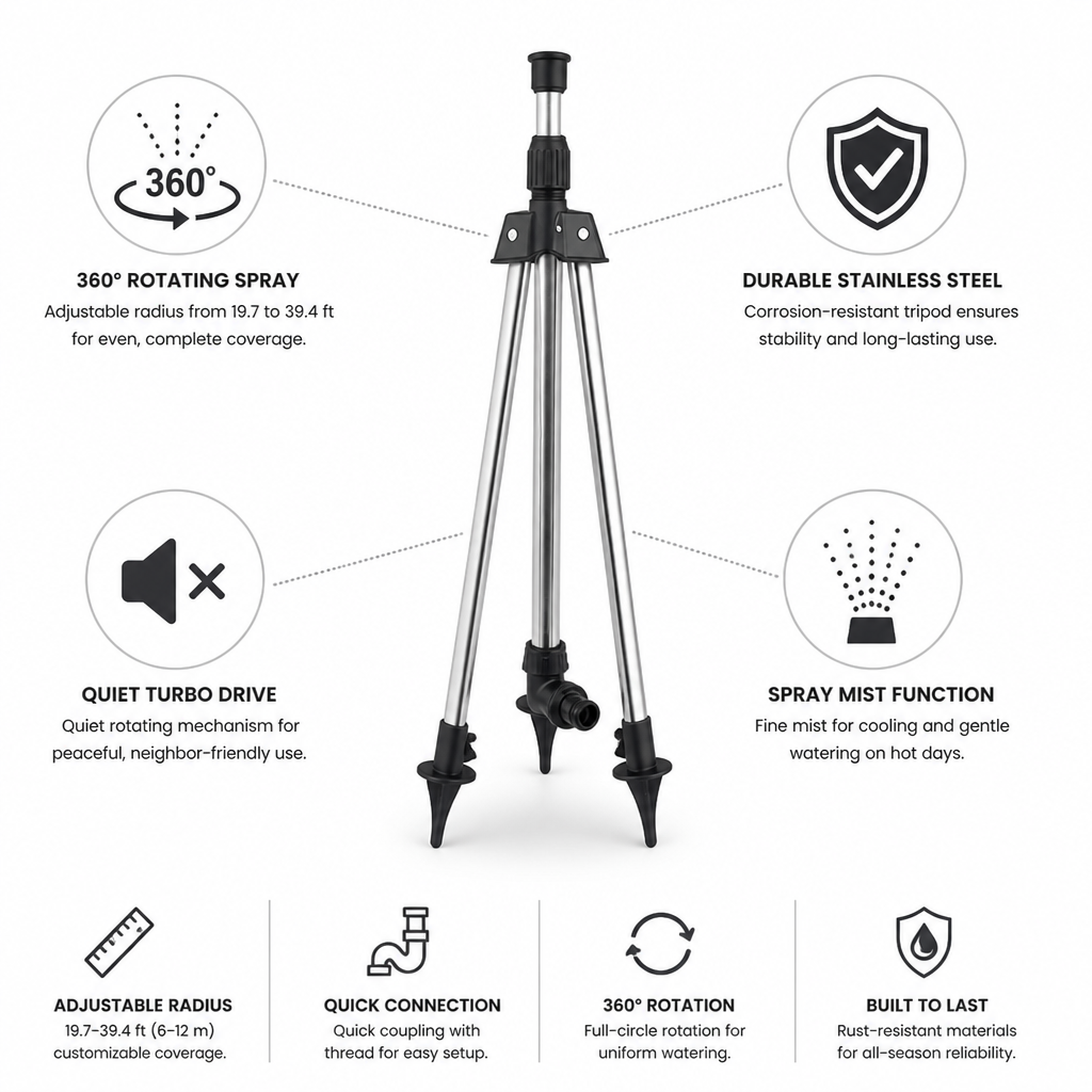 Adjustable 360° Rotating Garden Sprinkler (Stainless Steel Tripod)