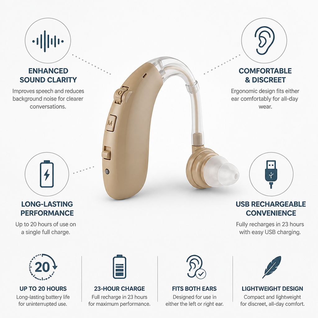 Rechargeable 20-Hour Noise-Reducing Hearing Aid