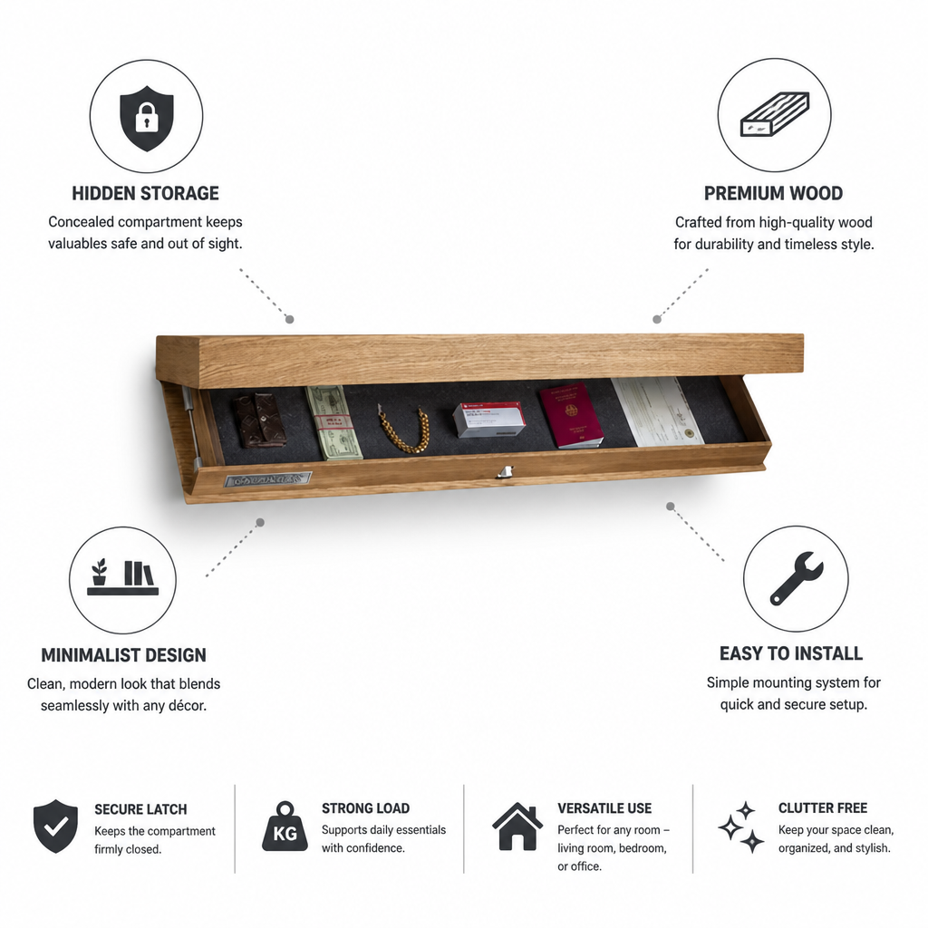 Hidden Compartment Floating Wood Wall Shelf