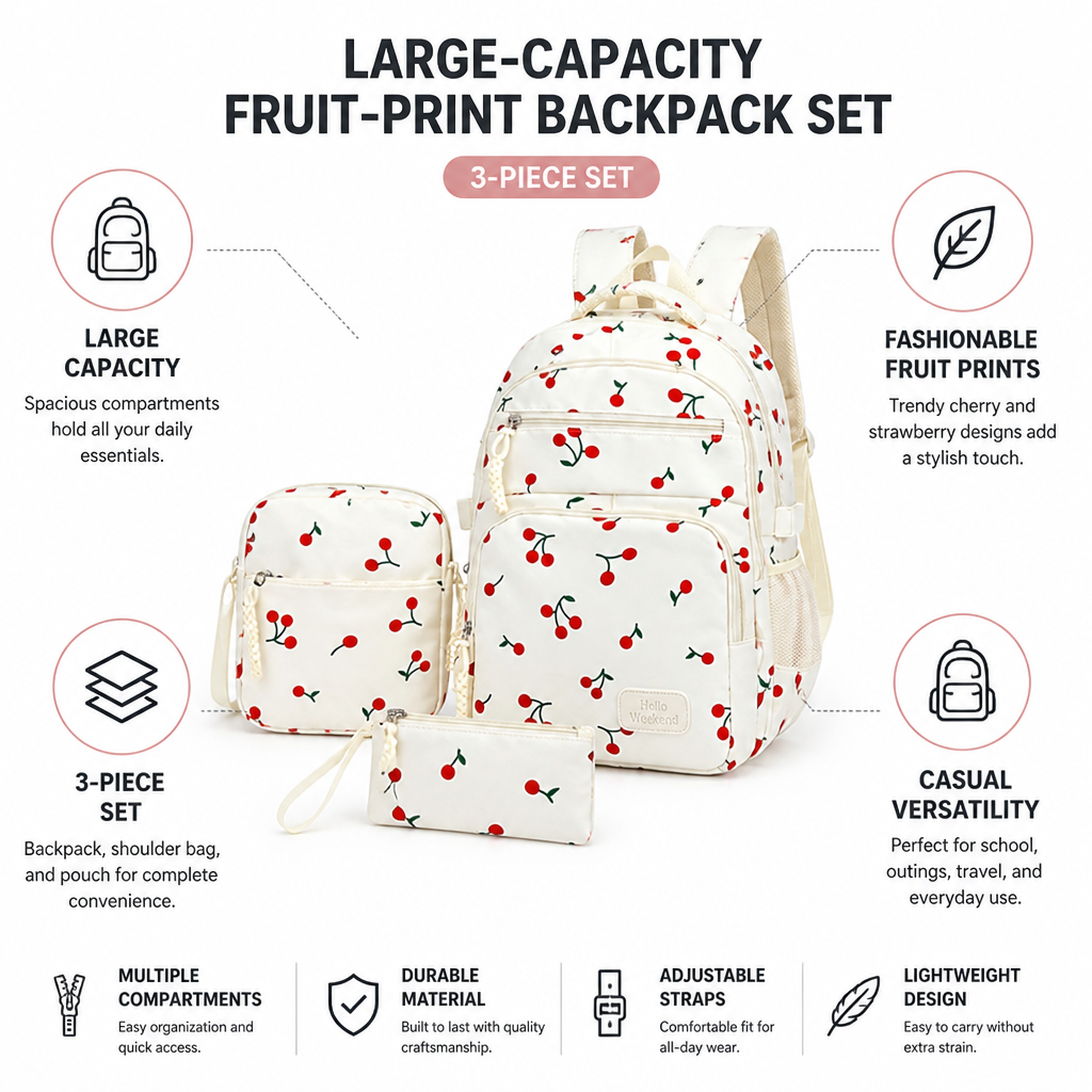 Large-Capacity Fruit-Print Backpack Set (3-Piece)