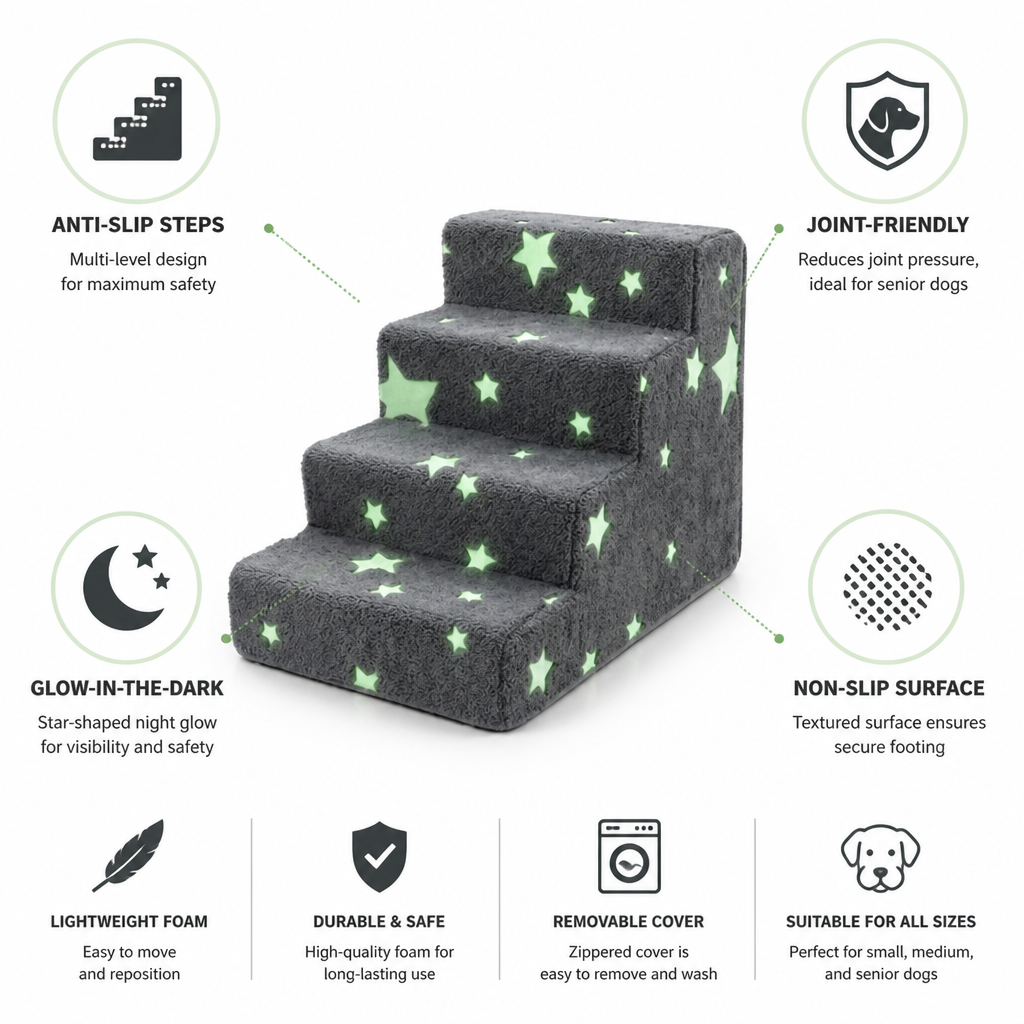 Joint-Friendly Foam Anti-Slip Glow-in-the-Dark Dog Stairs (4 Steps)