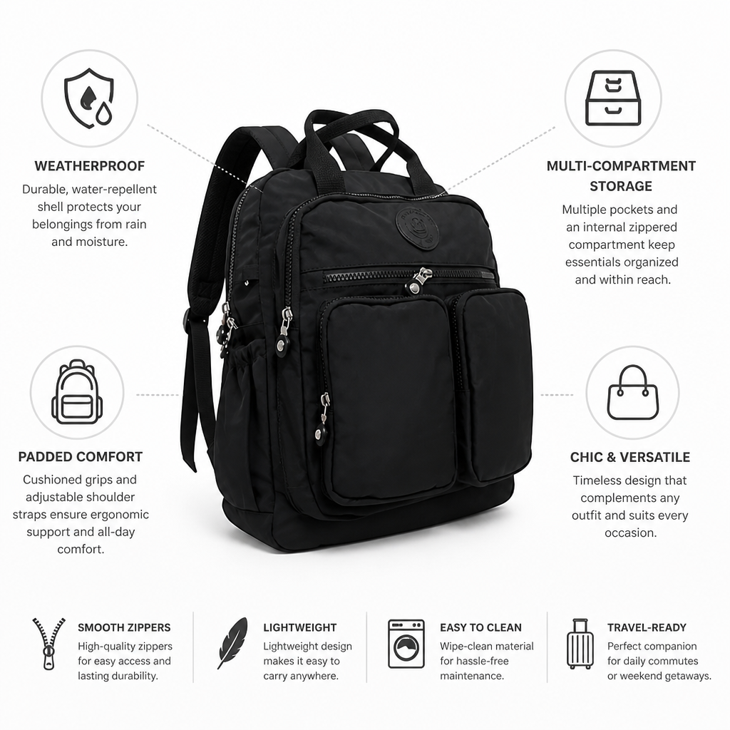 Water-Repellent Multi-Compartment Backpack (Padded Straps)