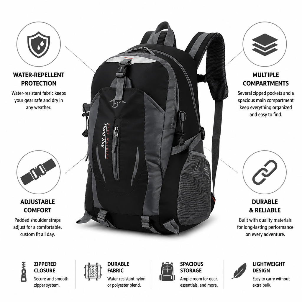 Water-Repellent Multi-Compartment Travel Backpack (Adjustable Padded Straps)